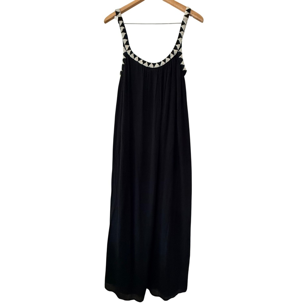 Zara Black Boho Beaded Strap Maxi Dress Womens MCotton Modal Geometric Summer - Picture 2 of 8
